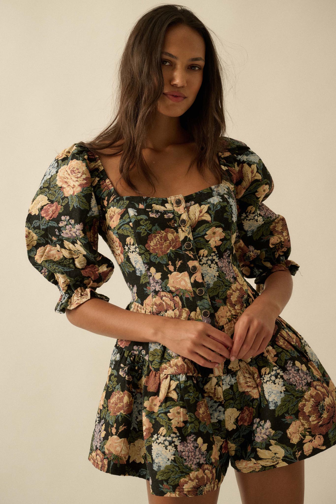 Woven Petals Floral Tapestry Puff-Sleeve Romper
