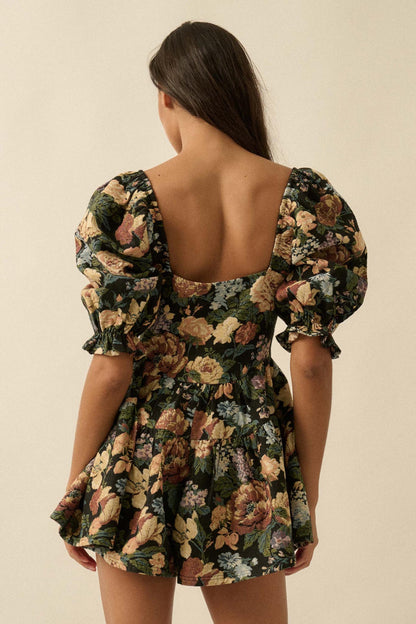 Woven Petals Floral Tapestry Puff-Sleeve Romper