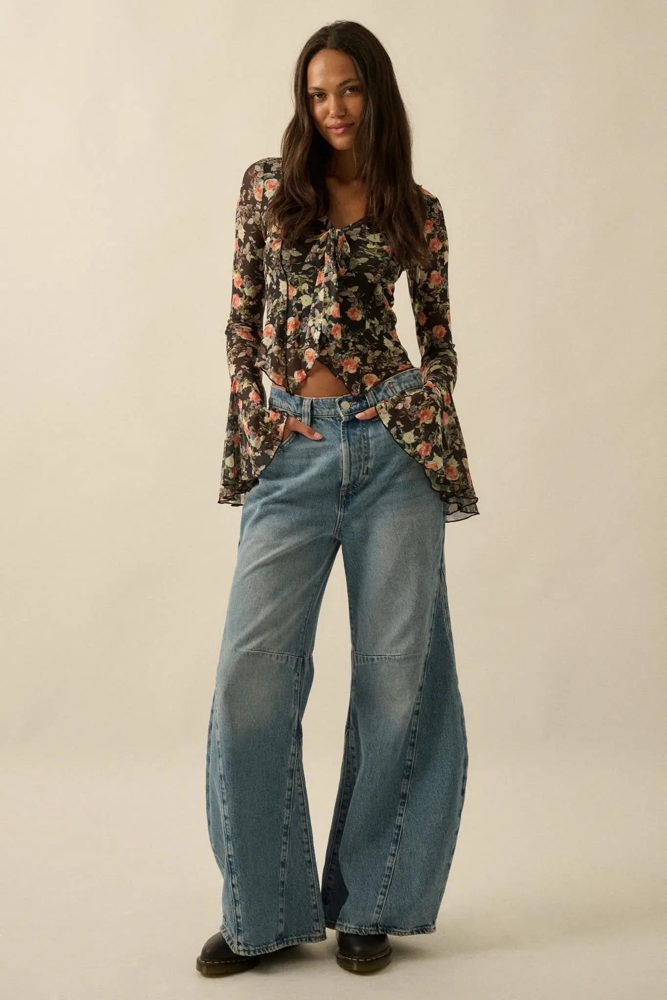 Garden Beauty Floral Mesh Bell-Sleeve Top