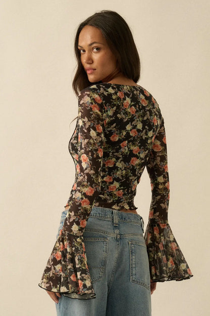 Garden Beauty Floral Mesh Bell-Sleeve Top