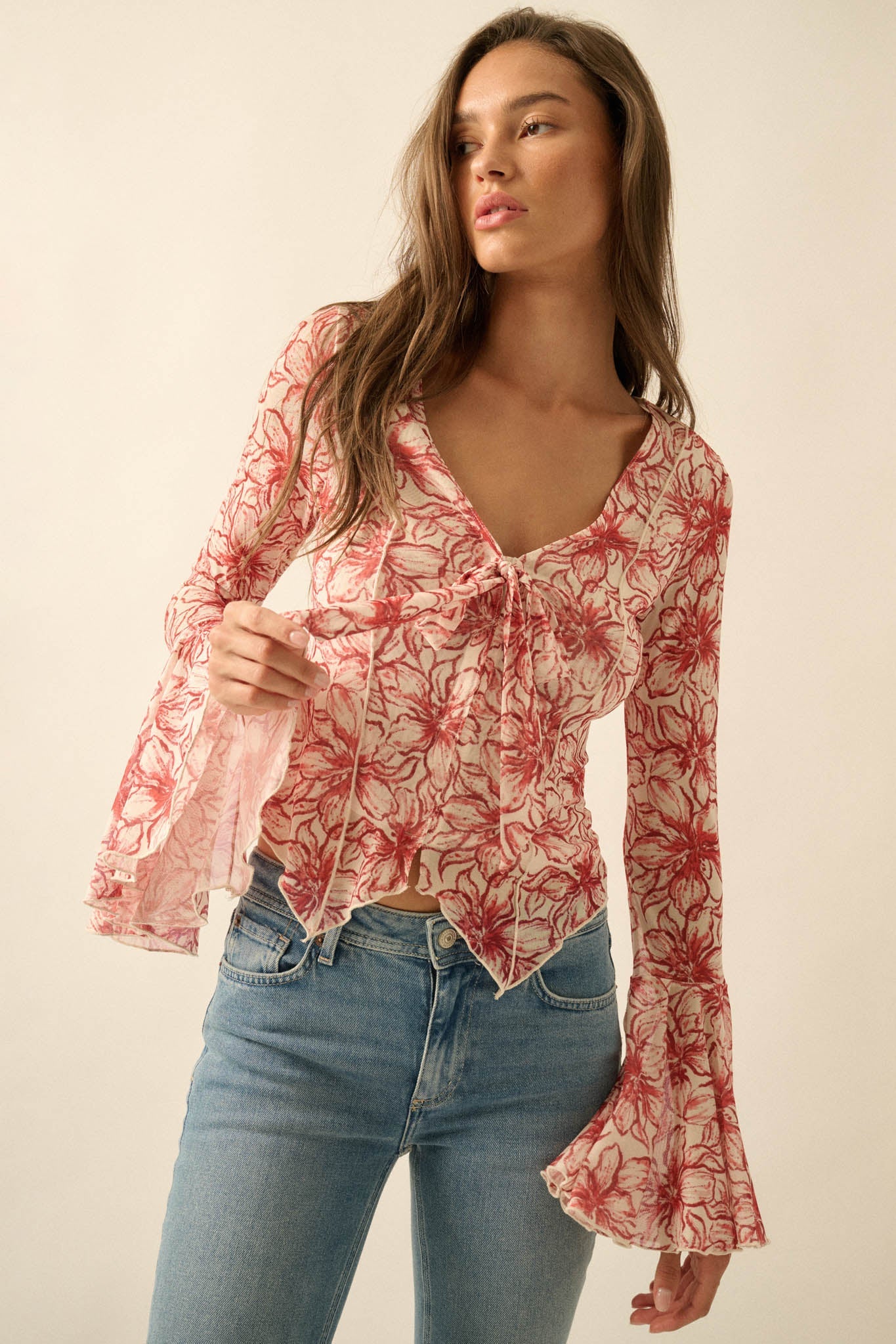 Wild Lilies Floral Mesh Tie-Front Bell-Sleeve Top