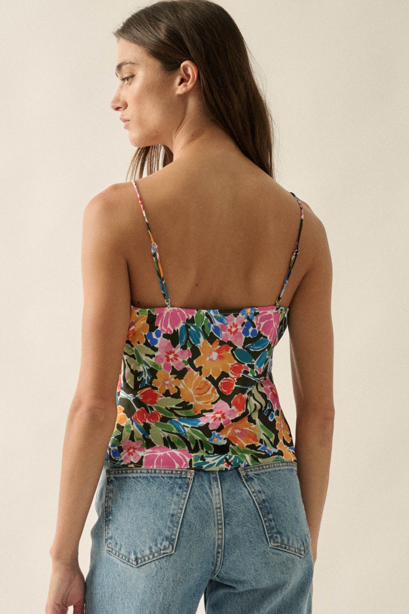 Vivid Blossoms Floral Satin Lace-Up Cami Top