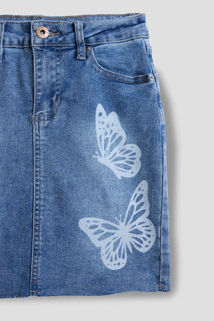 Girls Brittney Butterfly Print Denim Mini Skirt