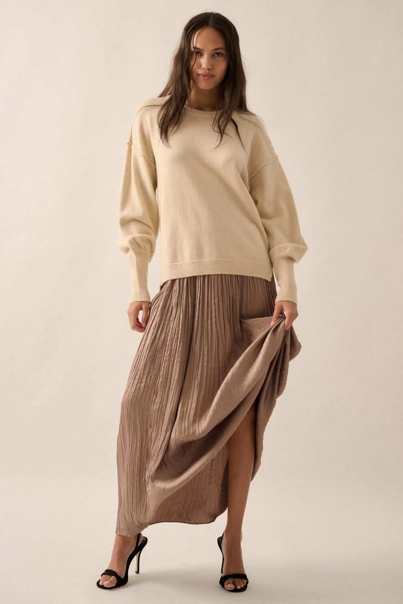 Old Soul Exposed-Seam Bishop-Sleeve Sweater
