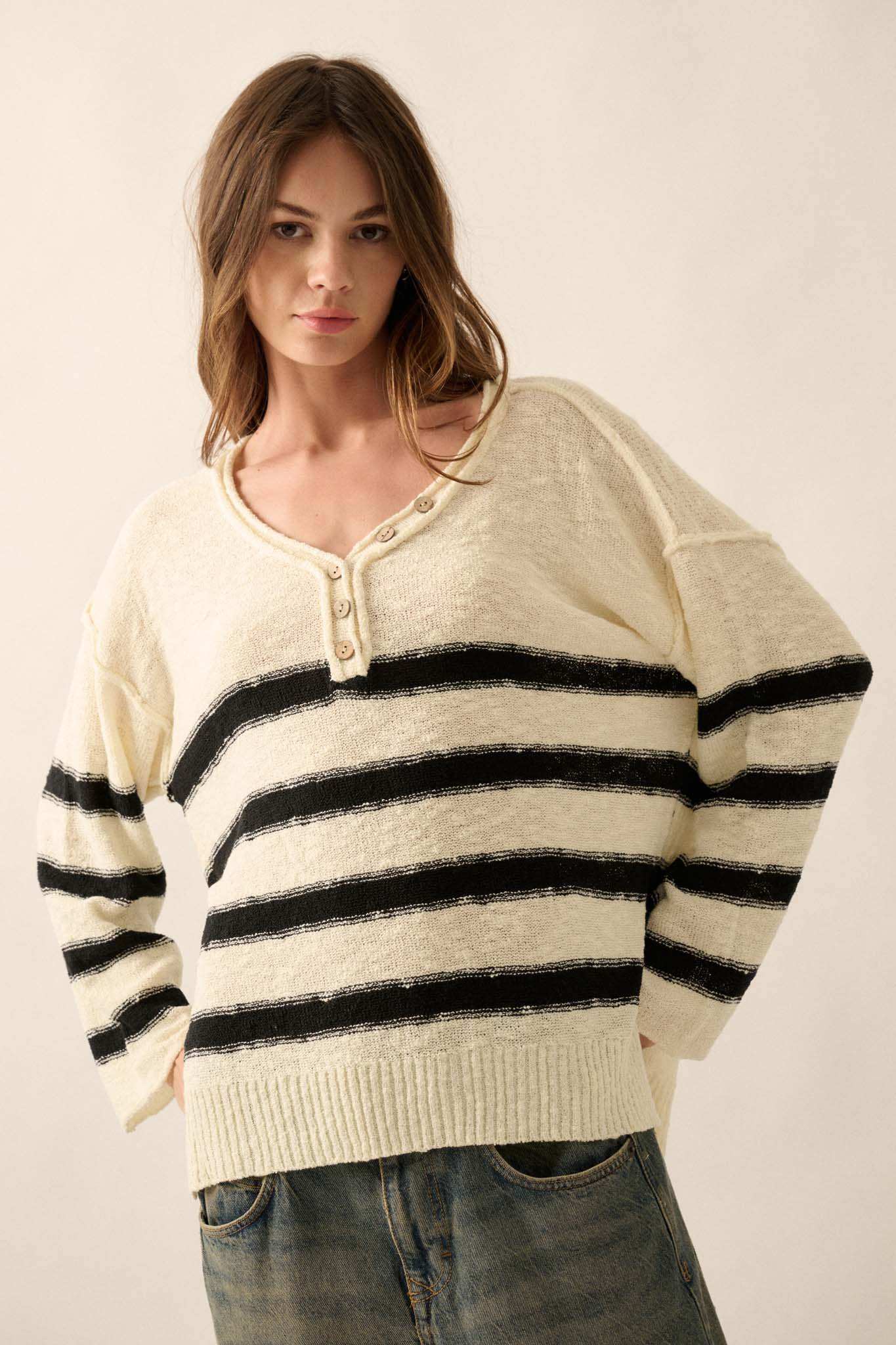 Winning Streak Loose-Fit Striped Henley Sweater