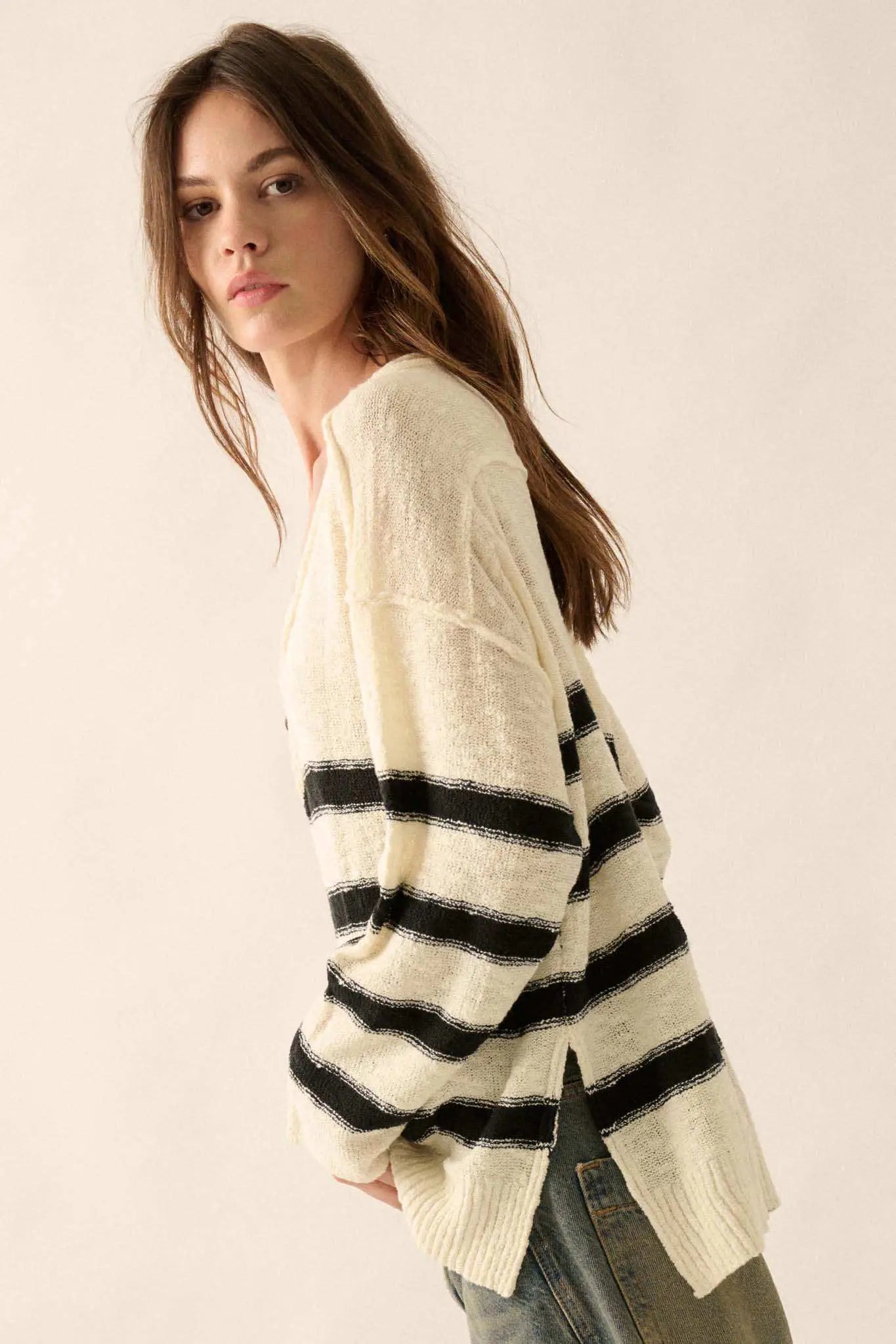 Winning Streak Loose-Fit Striped Henley Sweater