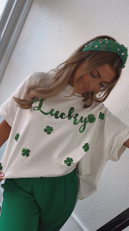 Lucky Sequin Patch Top, White
