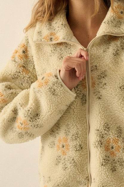 Fluffy Flowers Floral Sherpa Fleece Zip-Up Jacket