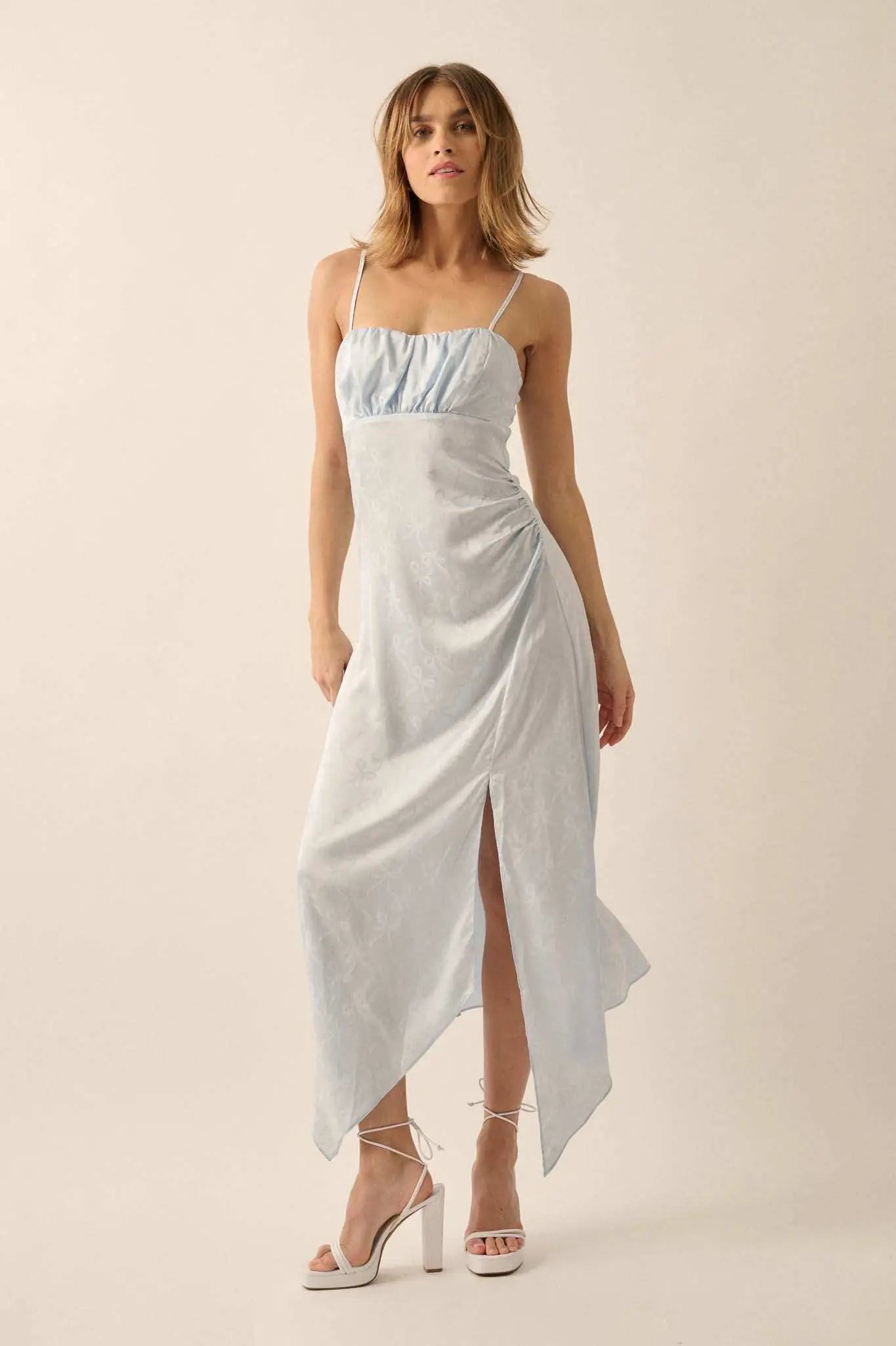 Take a Bow Satin Jacquard Asymmetrical Midi Dress