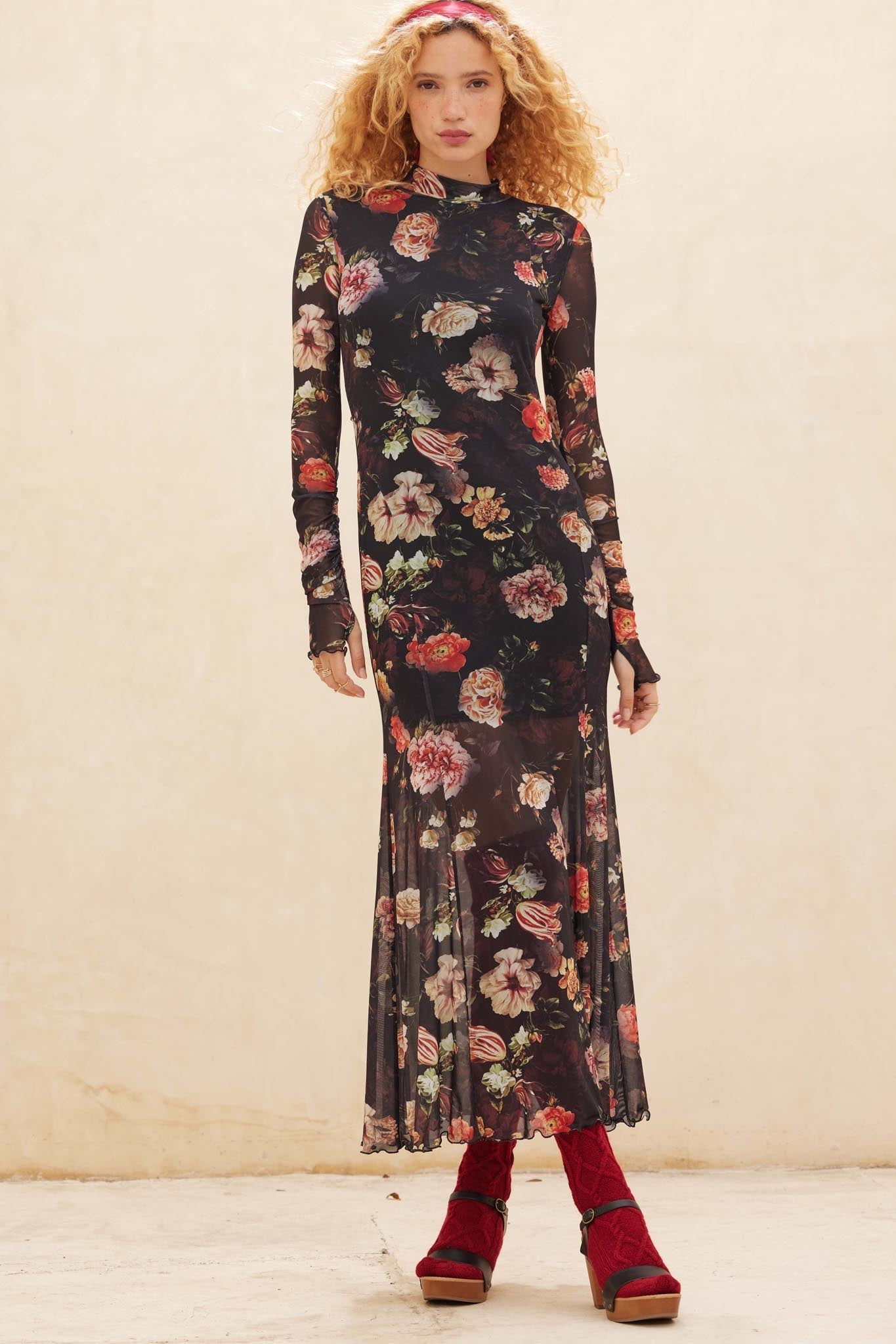 Heritage Blossoms Floral Mesh Mock-Neck Maxi Dress