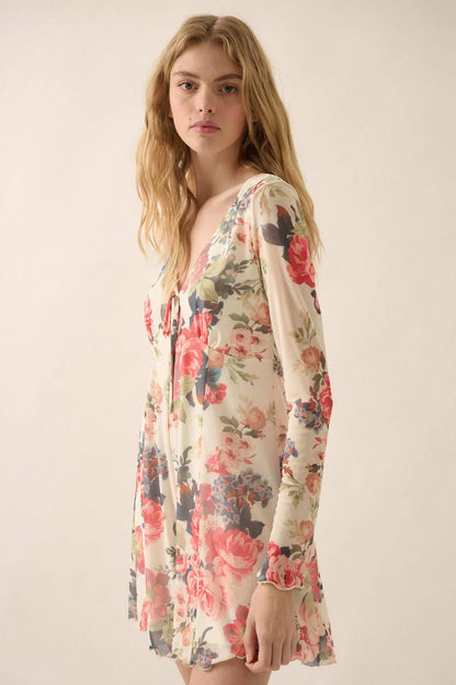 Bloom to Life Floral-Print Mesh V-Neck Romper