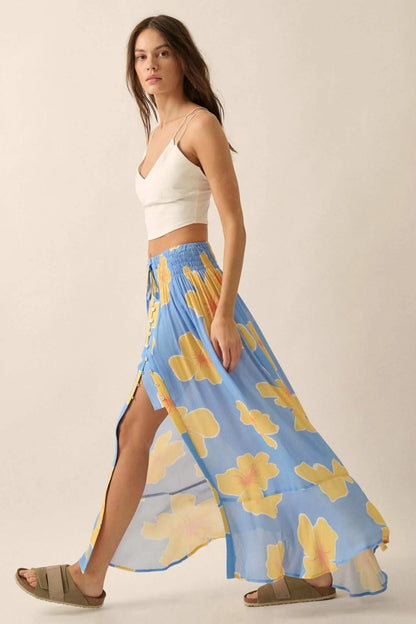 Hibiscus Grove Floral Crepe Buttoned Maxi Skirt