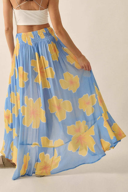 Hibiscus Grove Floral Crepe Buttoned Maxi Skirt