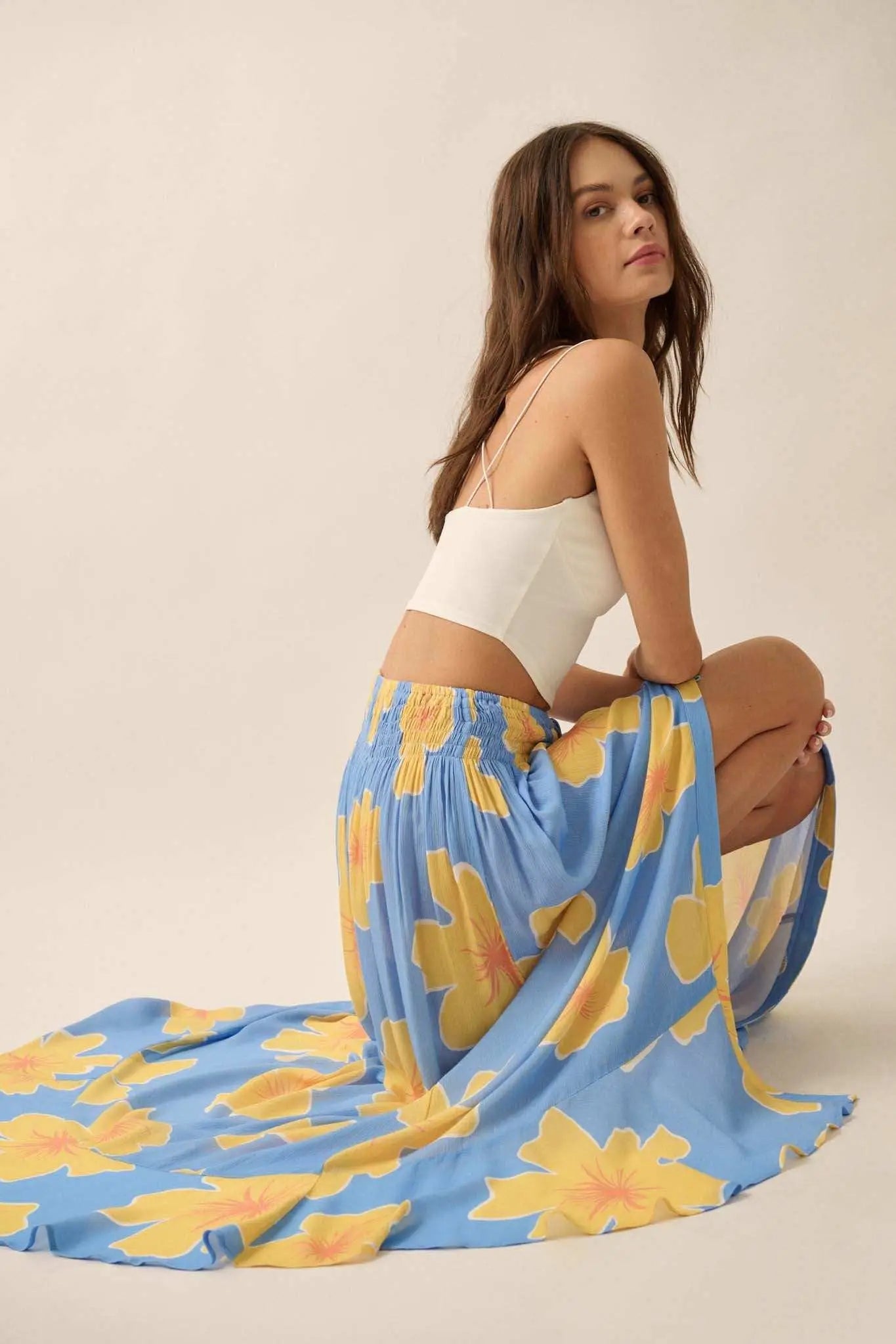 Hibiscus Grove Floral Crepe Buttoned Maxi Skirt