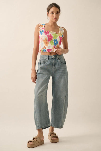 Funky Flowers Smocked Floral Mesh Ruffle Tank Top