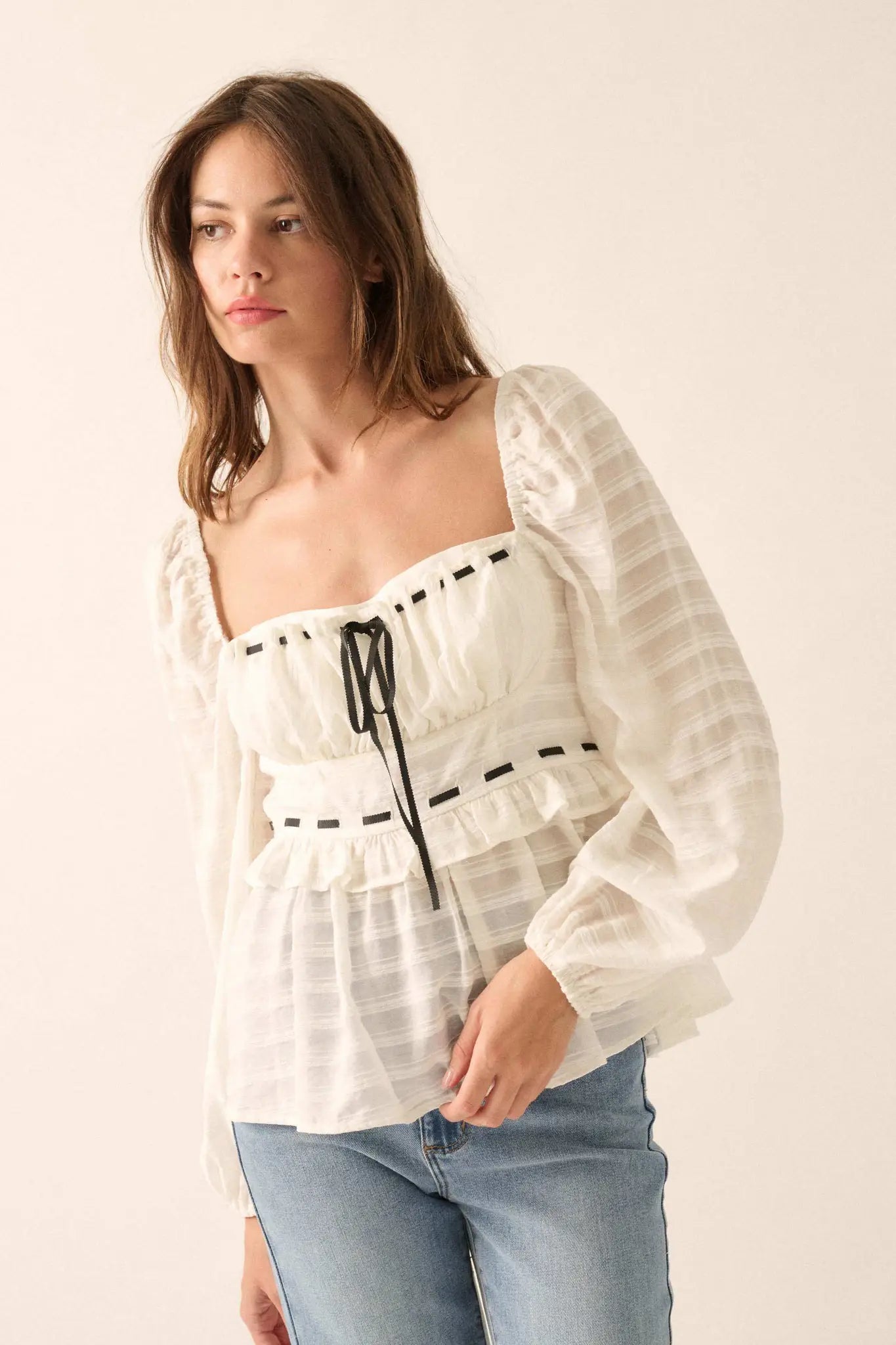 Sweet Infatuation Striped Ribbon-Trim Peasant Top