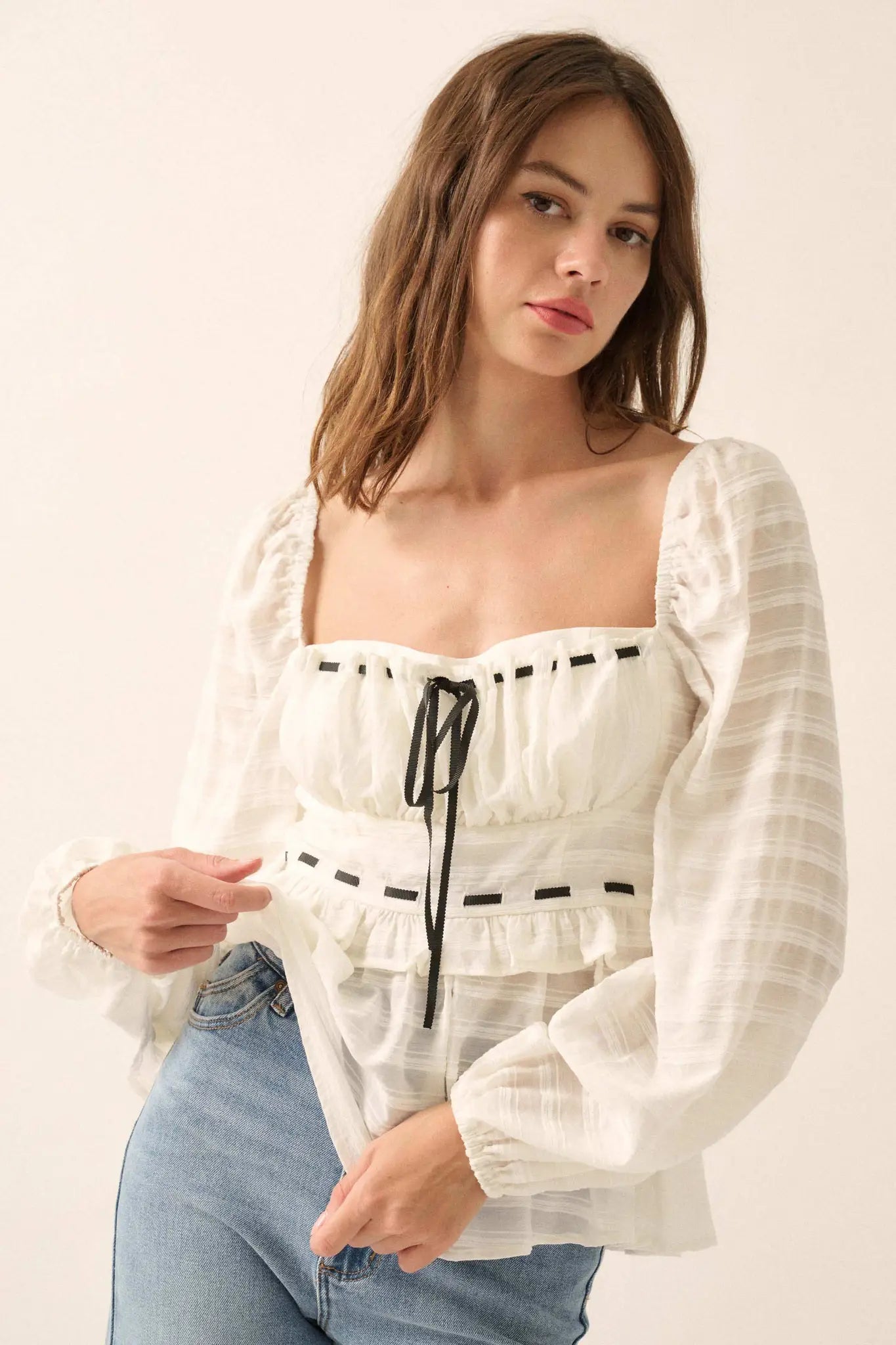 Sweet Infatuation Striped Ribbon-Trim Peasant Top