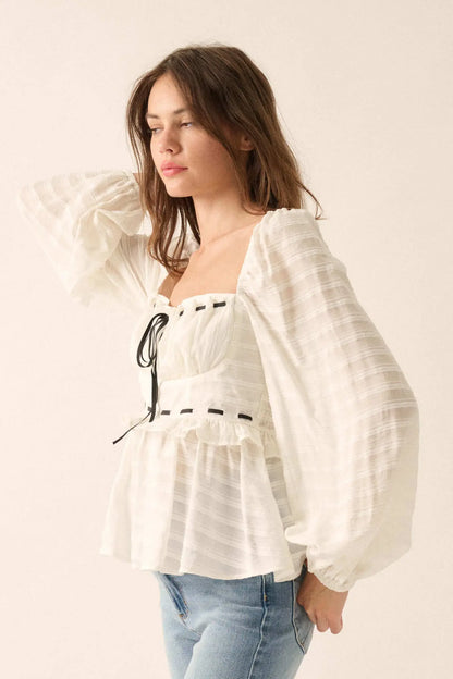 Sweet Infatuation Striped Ribbon-Trim Peasant Top