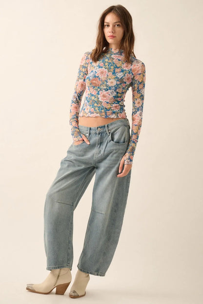 Wild Blooms Floral Mesh Mock-Neck Thumbhole Top