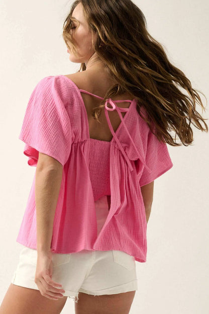 Touch of Love Crinkle Cotton Tie-Back Babydoll Top