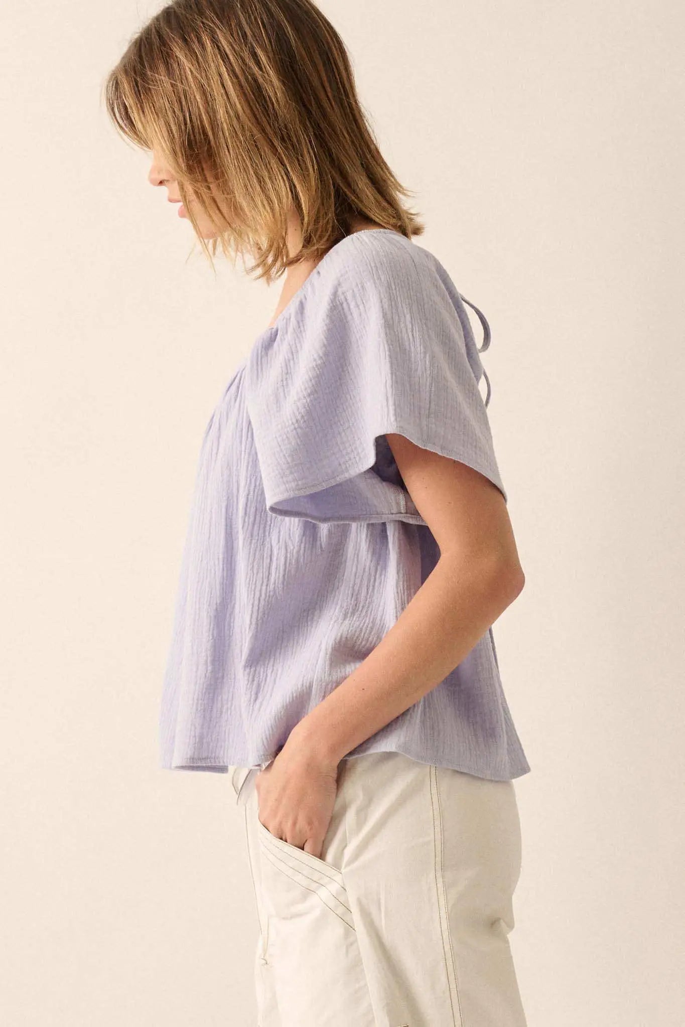 Touch of Love Crinkle Cotton Tie-Back Babydoll Top