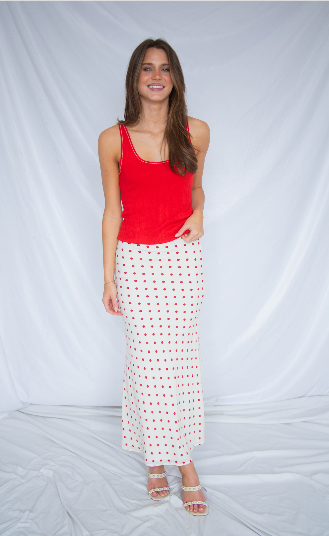 slipping away polka dot midi skirt