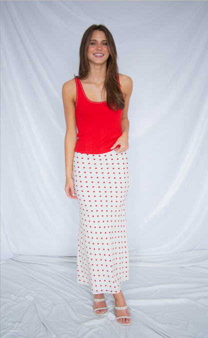 slipping away polka dot midi skirt
