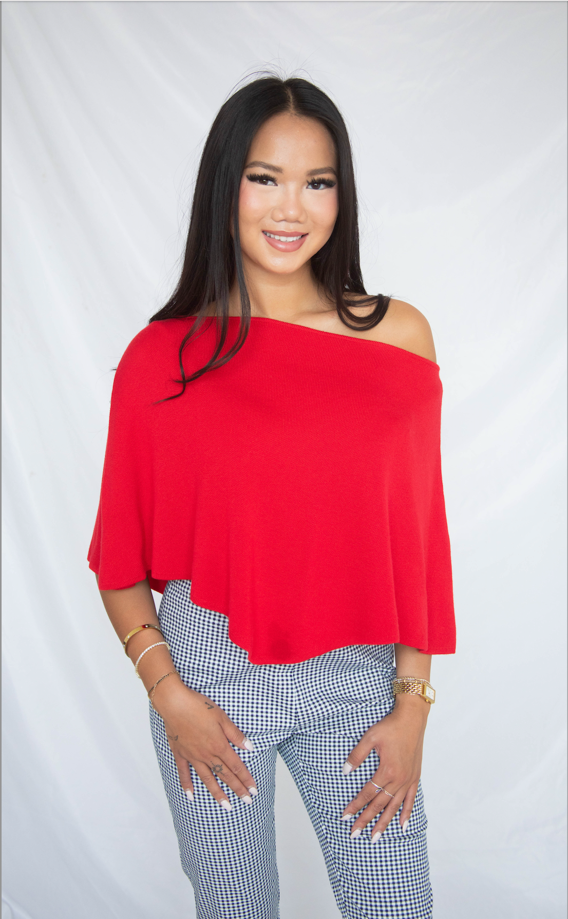 seeing red poncho knit top