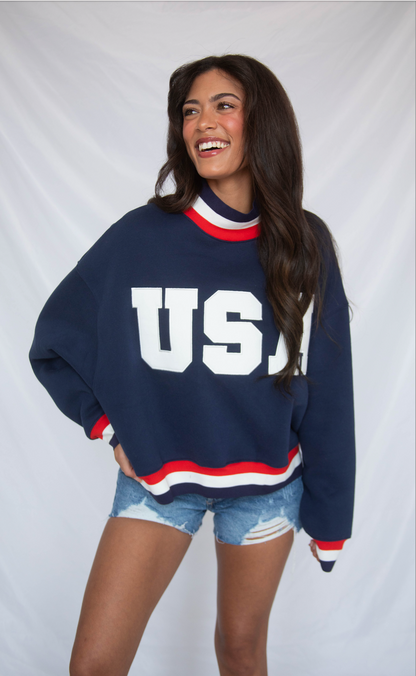 usa embroidered striped mockneck sweatshirt - navy