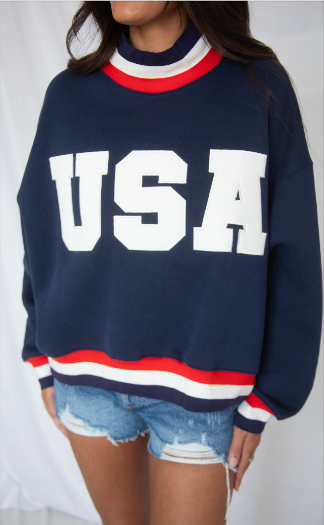 usa embroidered striped mockneck sweatshirt - navy