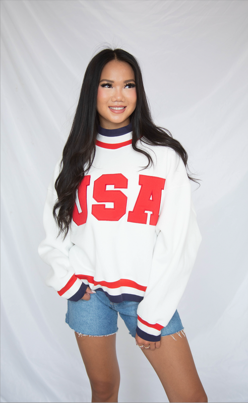usa embroidered striped mockneck sweatshirt - white
