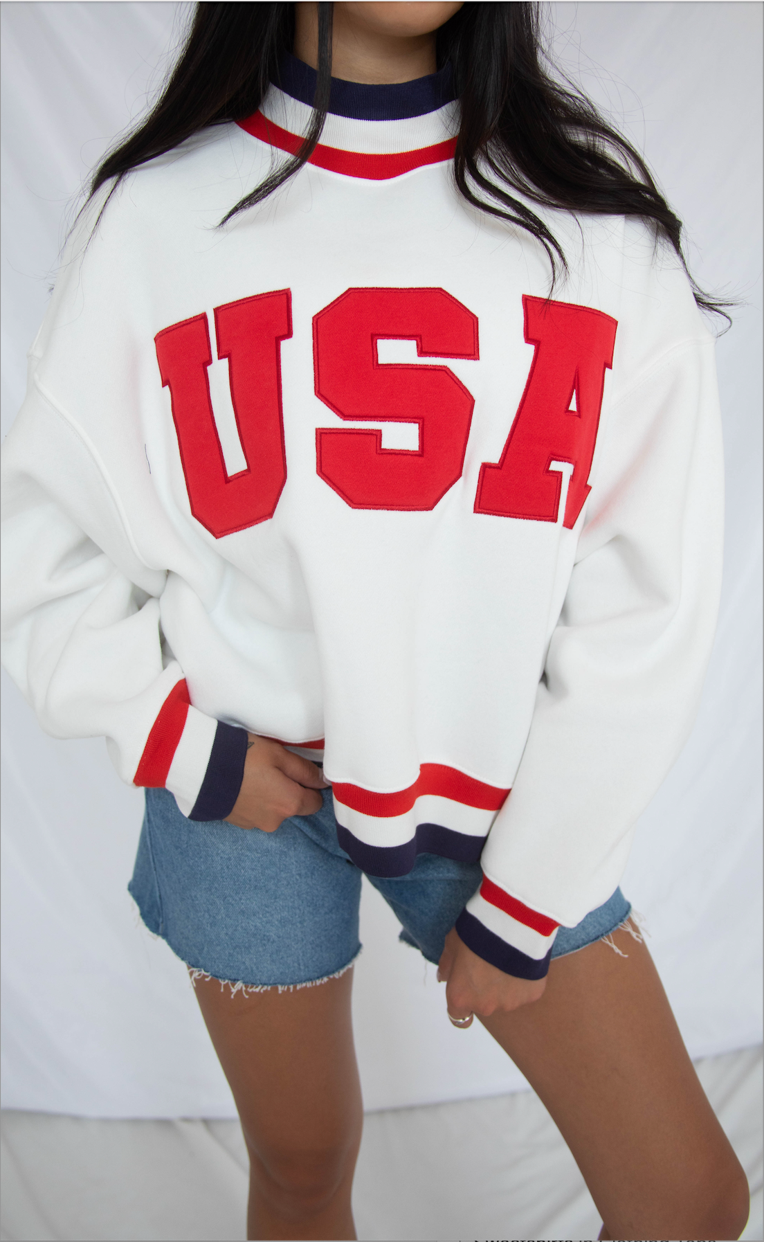 usa embroidered striped mockneck sweatshirt - white