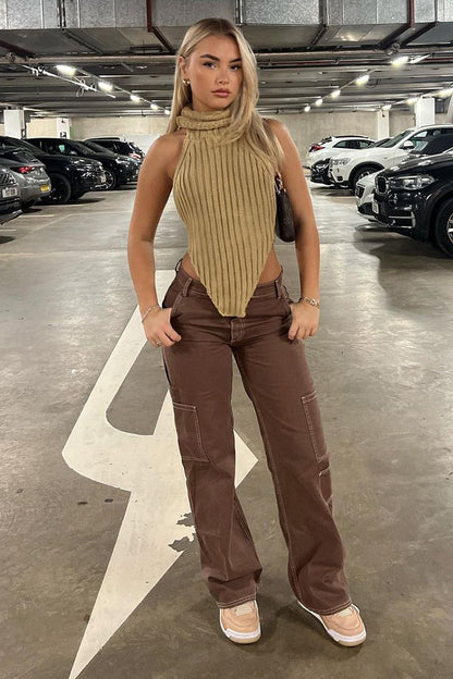 Beige Knit Turtle Neck Asymmetric Crop Top - Tatum