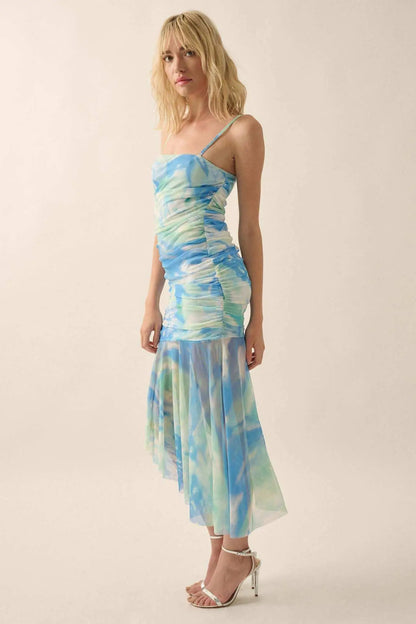 Chasing Waves Tie-Dye Mesh Drop-Waist Midi Dress