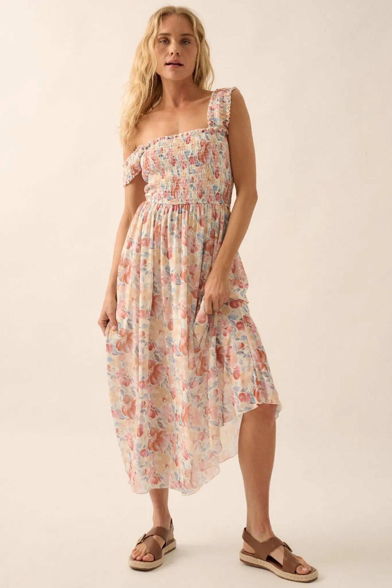 Sunny Day Bouquet Smocked Floral Mesh Maxi Dress