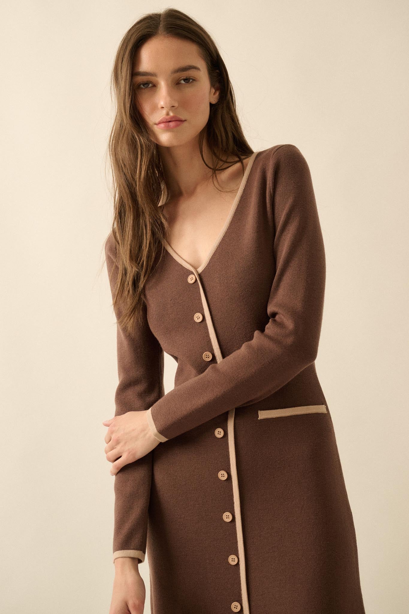 Uptown Girl Button-Detail Rib-Knit Midi Dress
