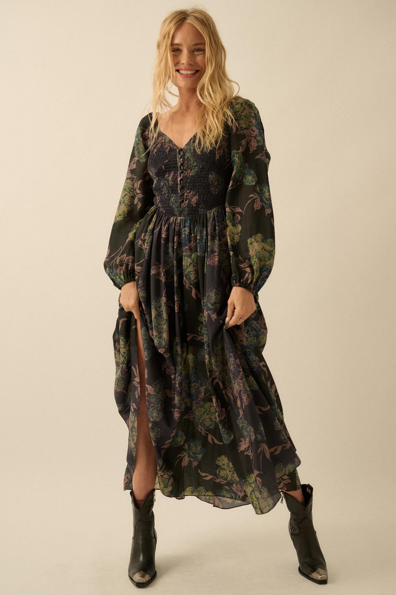 Beautiful Blooms Smocked Floral Maxi Peasant Dress