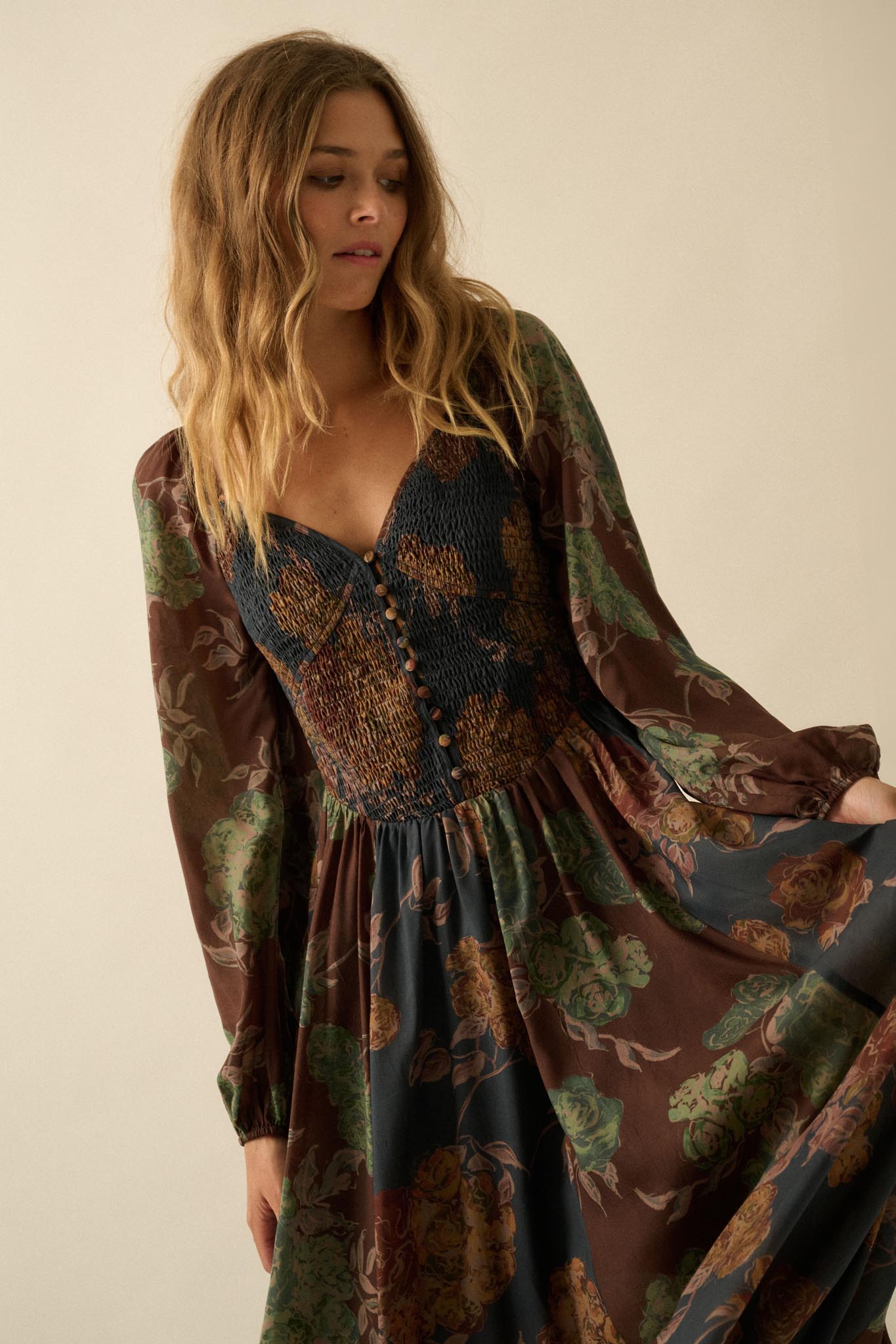 Beautiful Blooms Smocked Floral Maxi Peasant Dress