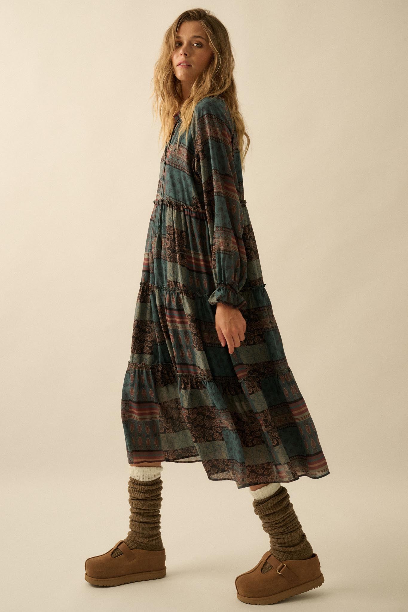 Piece by Piece Patchwork-Print Midi Prairie Dress