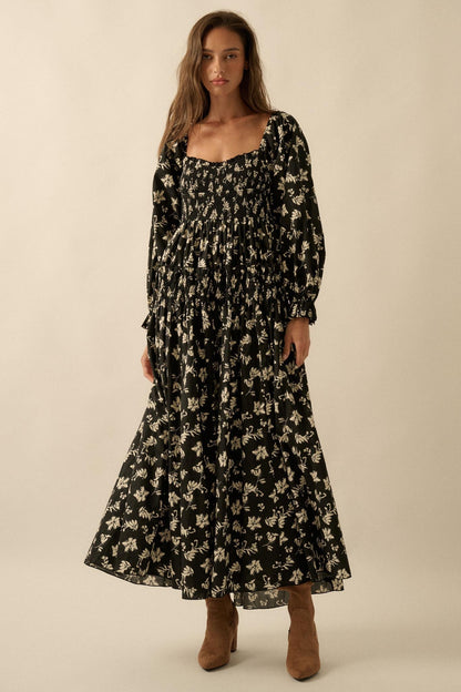 Lost Blossoms Smocked Floral Midi Peasant Dress