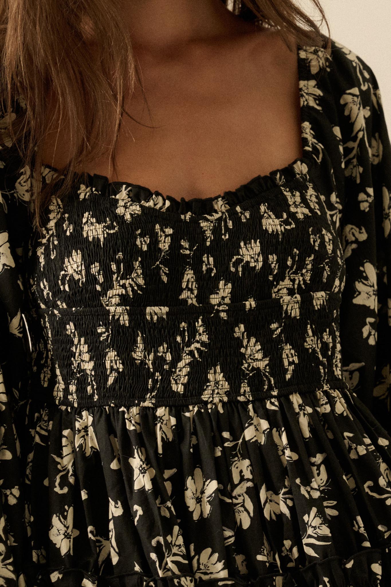 Lost Blossoms Smocked Floral Midi Peasant Dress