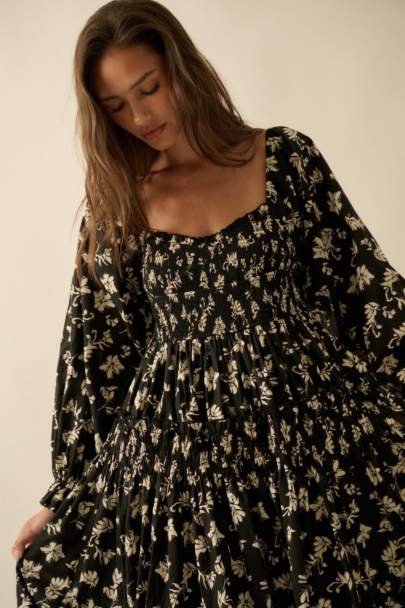 Lost Blossoms Smocked Floral Midi Peasant Dress
