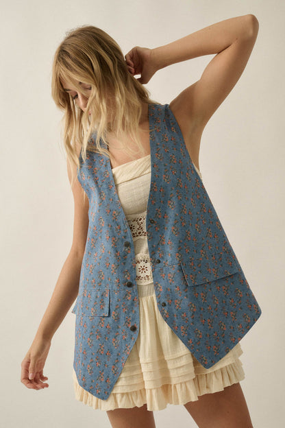 Denim Petals Floral-Print Denim Snap-Front Vest