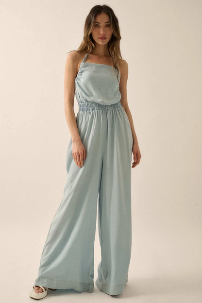 Perfect Skies Denim Wide-Leg Halter Jumpsuit