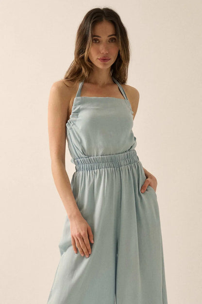 Perfect Skies Denim Wide-Leg Halter Jumpsuit