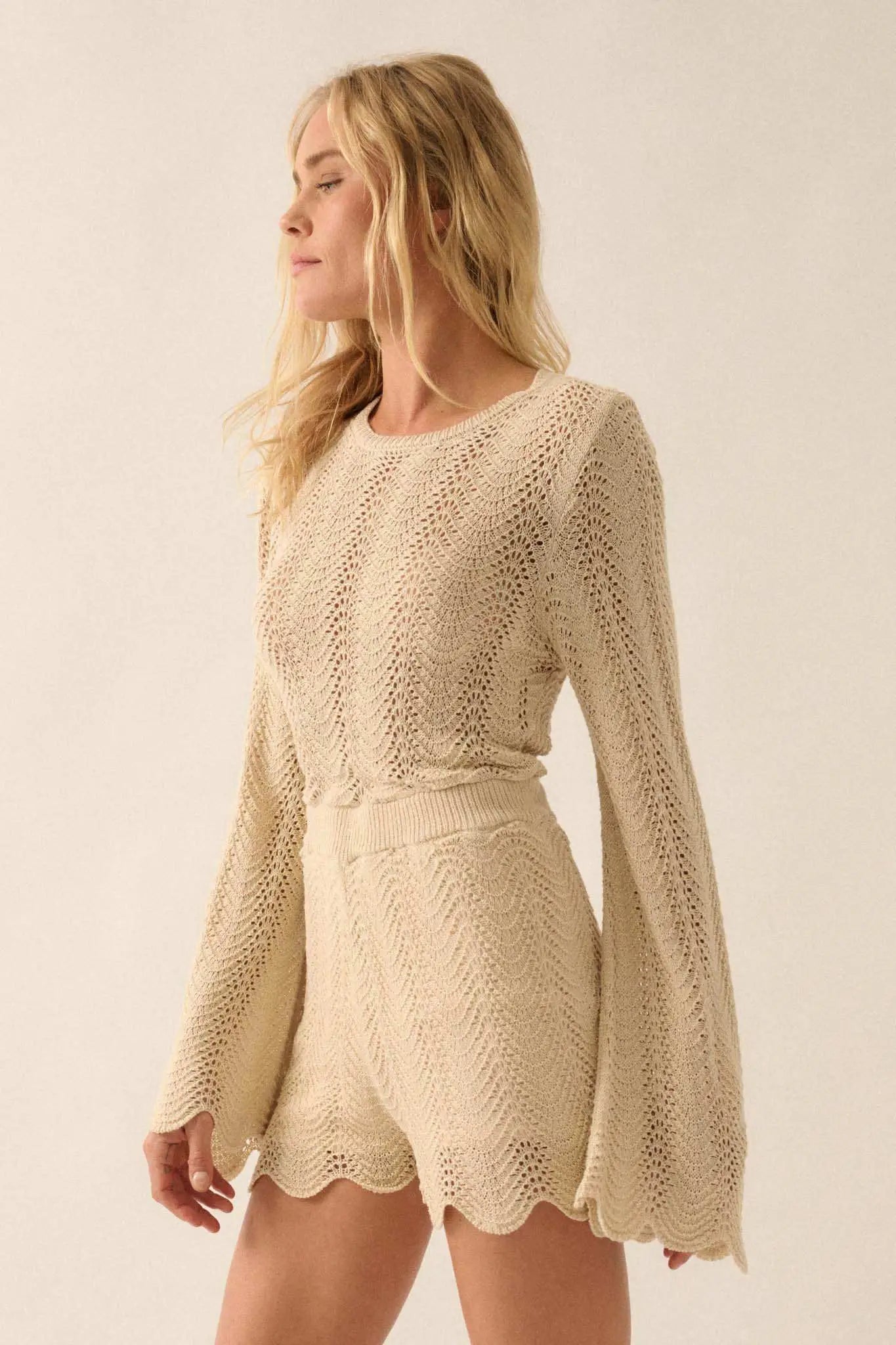 Kick Back Crochet Bell-Sleeve Open-Back Romper