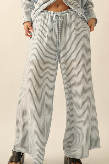 Lazy Weekend Pinstripe Wide-Leg Drawstring Pants