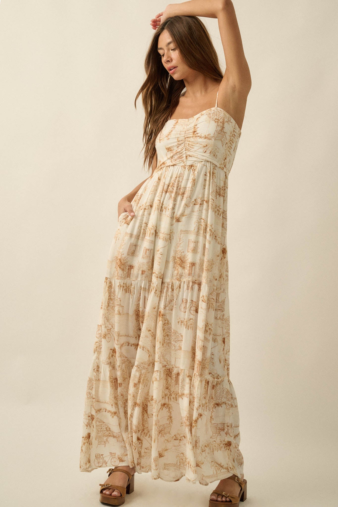 Beautiful View Toile Wide-Leg Tiered Jumpsuit
