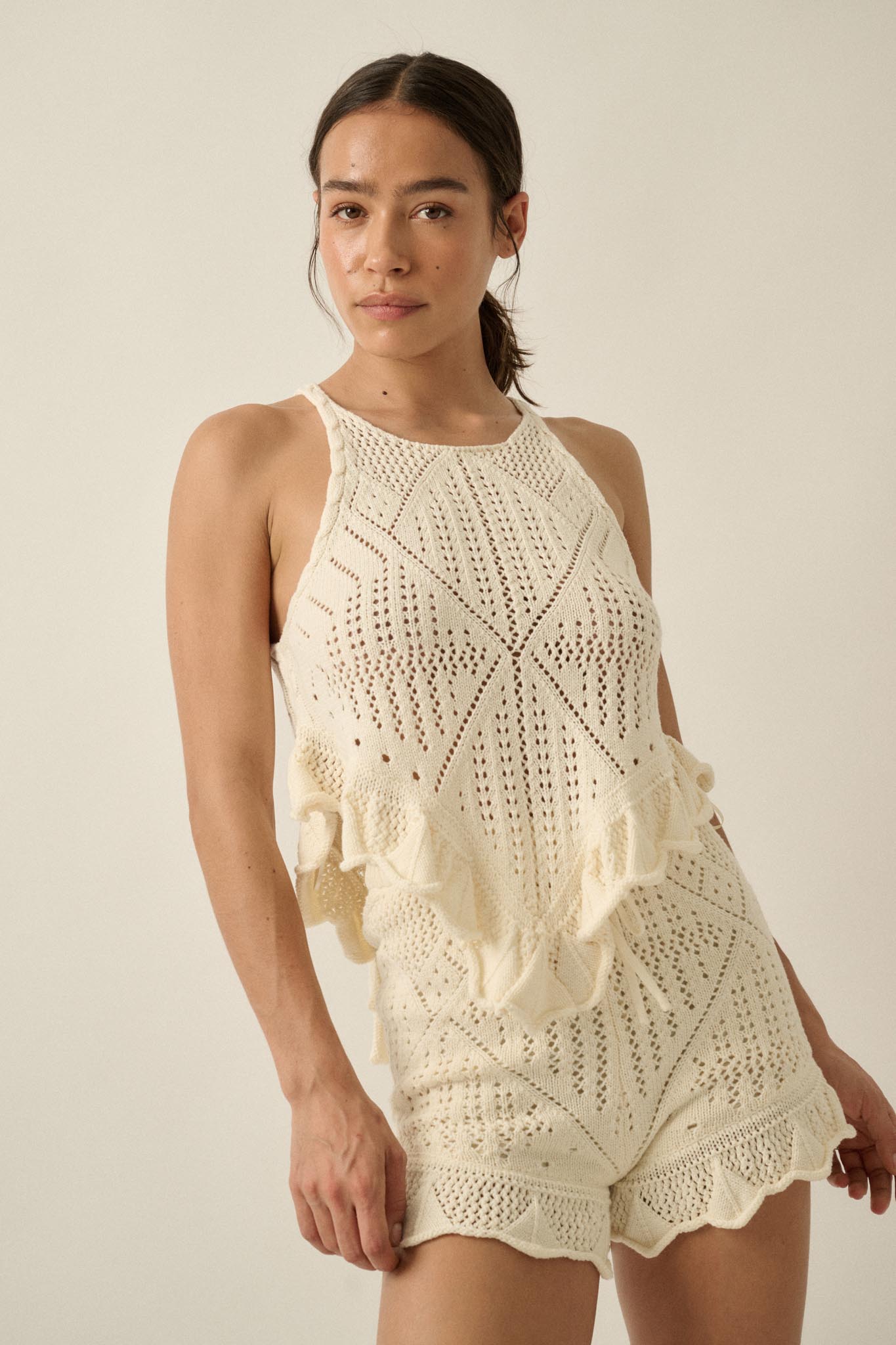 Yes Way Crochet Crochet-Knit Ruffle Shorts