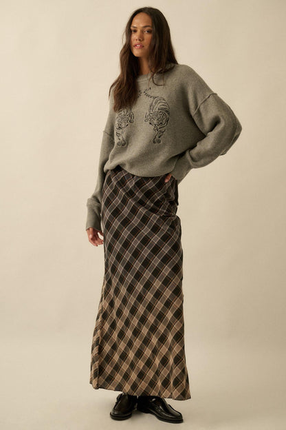 Modern Tartan Bias-Cut Plaid Maxi Skirt